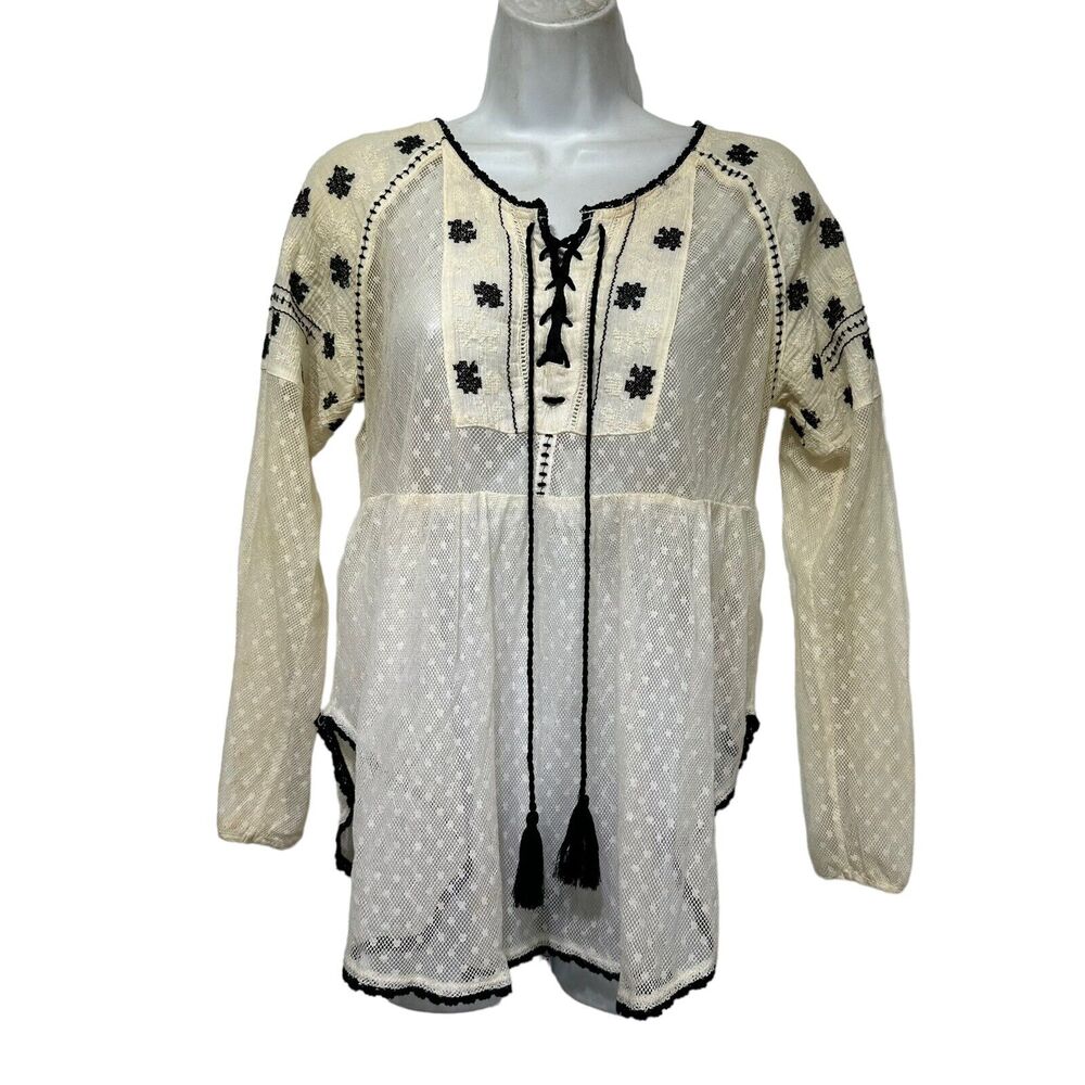 Free People Cream Lace Peasant Blouse with Black Embroidery